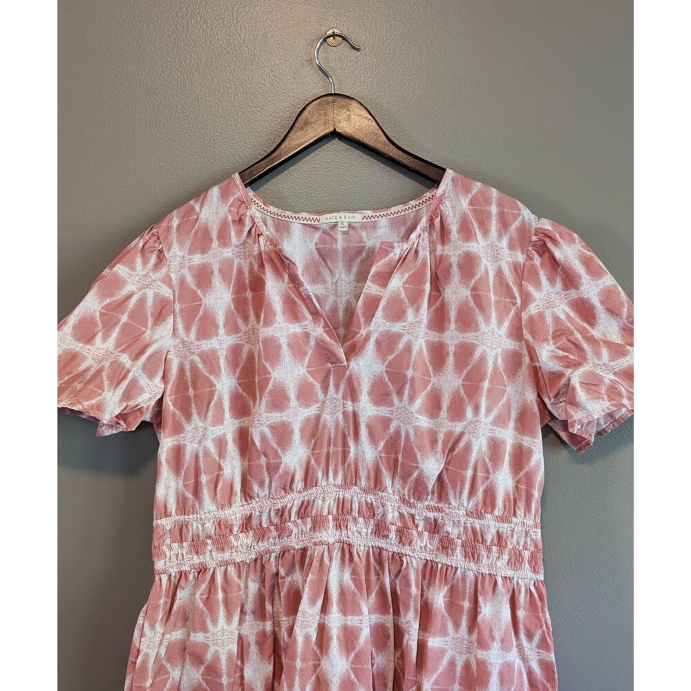 Kate & Sam XL Summer Tie Dye Dress V Neck Smocked Waist Coral Pink Boho Midi